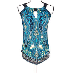 INC International Concepts XS Teal Blue Abstract Halter Tank Top Choker Neck